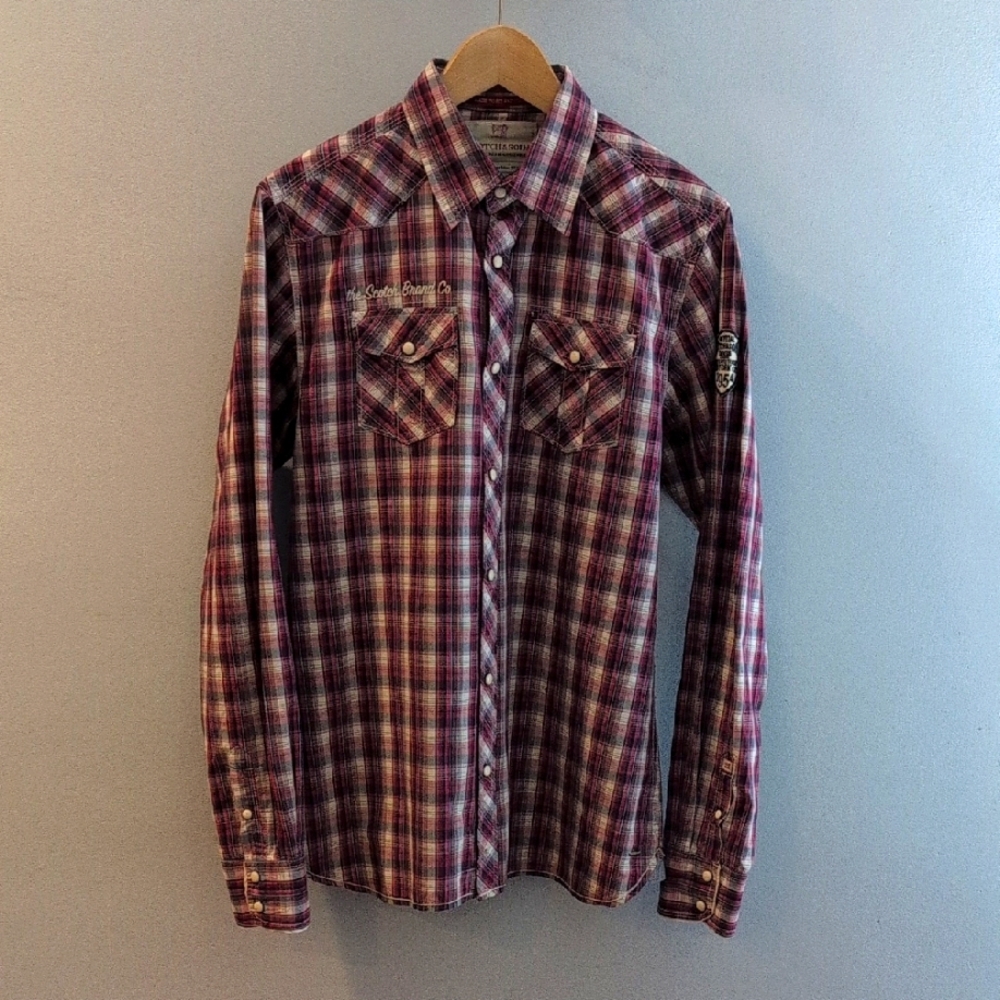 Scotch & Soda Men's Medium Western Long Sleeve Snap Button Down Plaid Shirt - Picture 3 of 16
